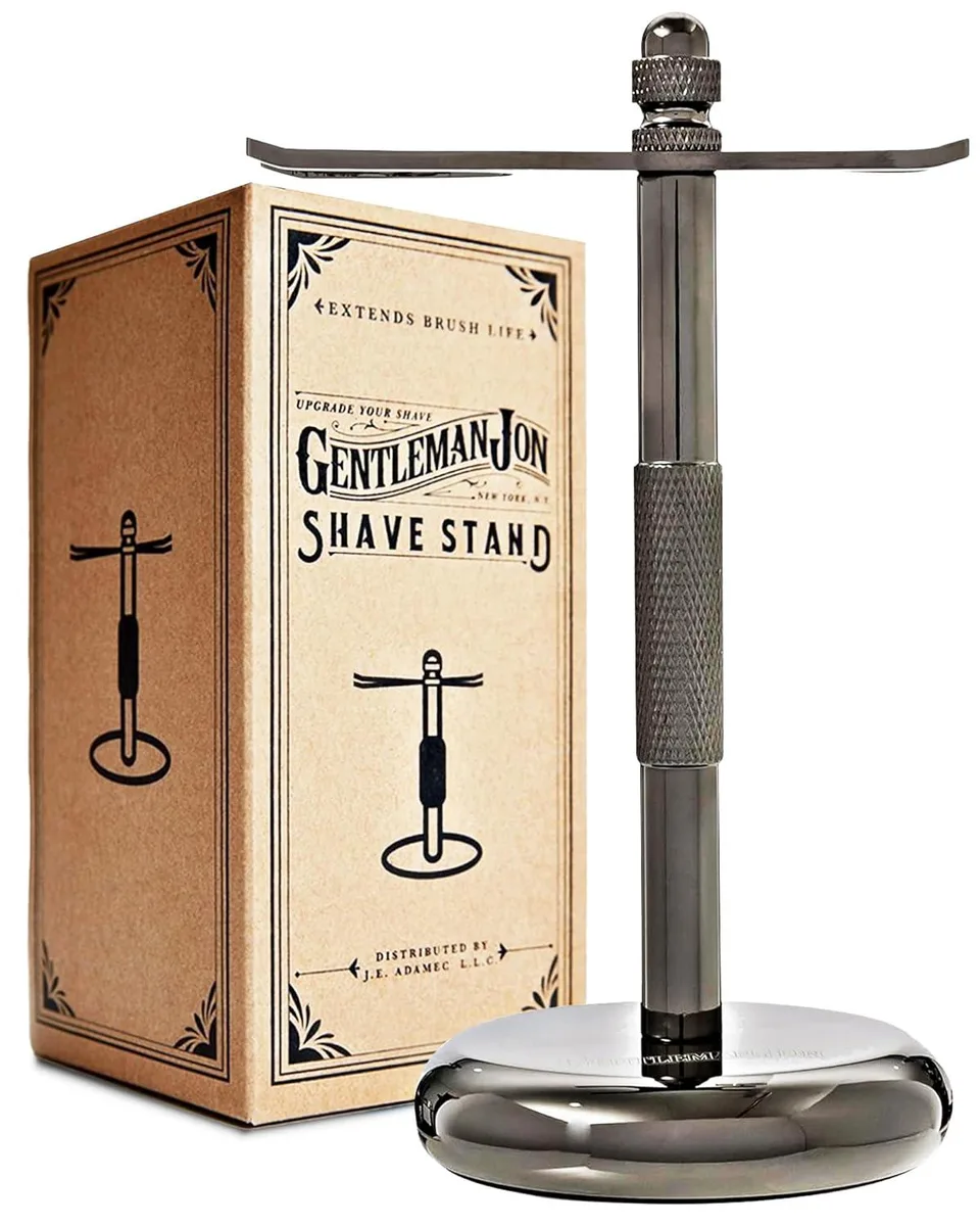 Gunmetal weighted shaving stand with two holders and padded base