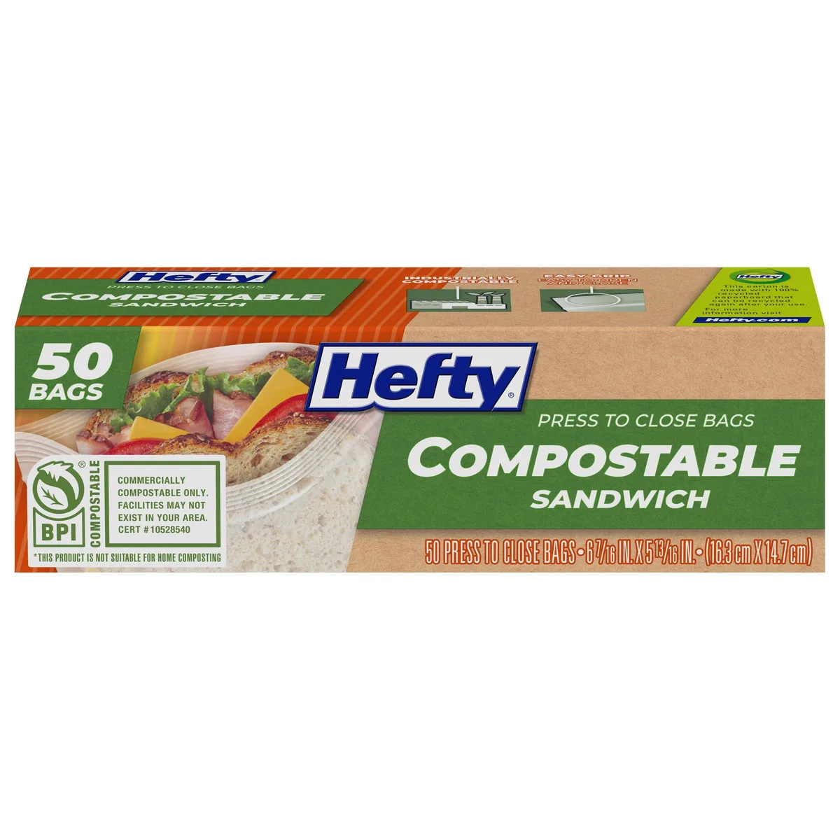Box of fifty clear compostable sandwich bags with press-to-close zipper