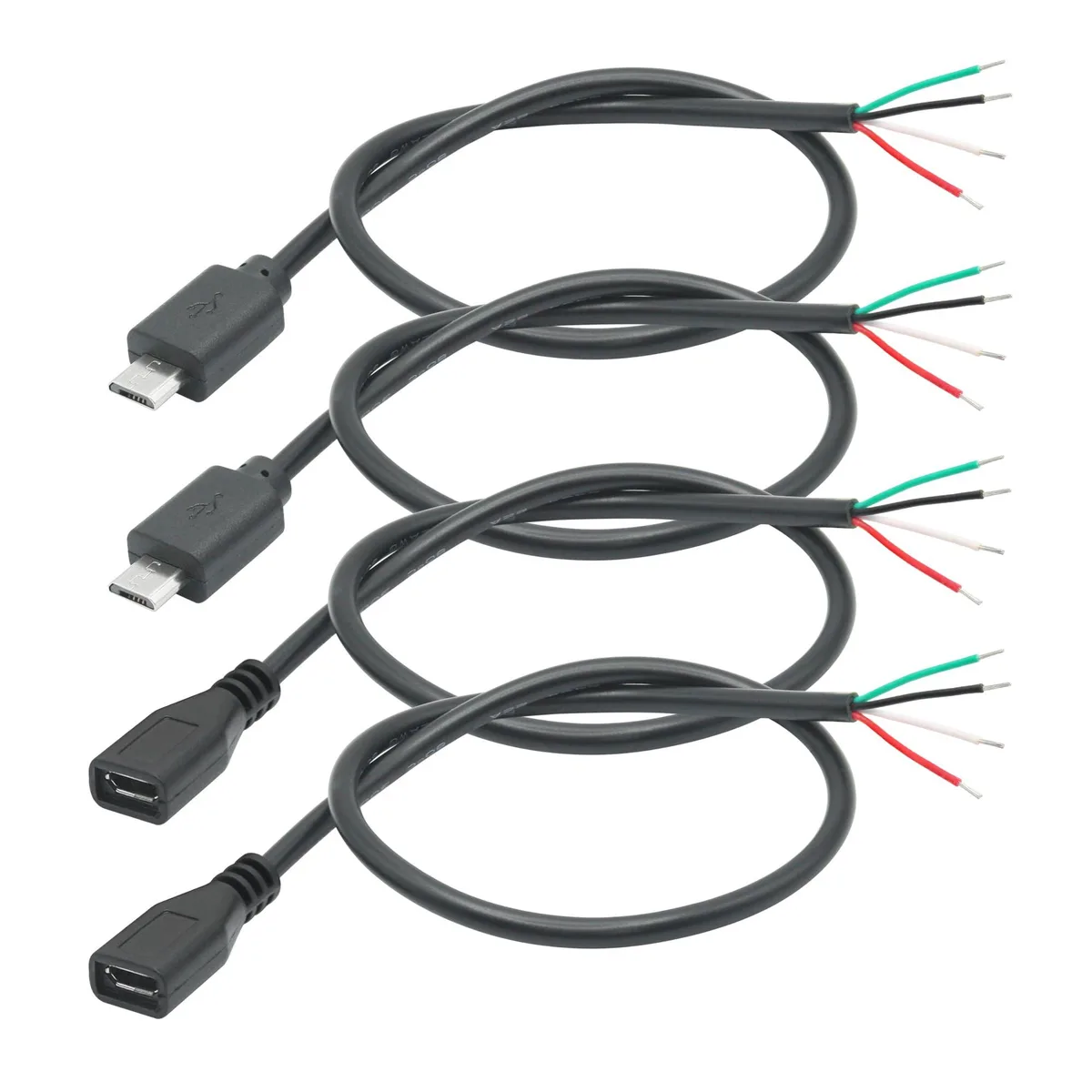 Two pairs of short black Micro USB cables with bare-wire ends, male and female connectors