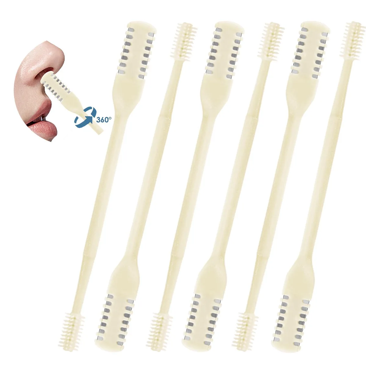 Cream-coloured 2-in-1 nasal cutter with 360° double-sided blade and soft brush