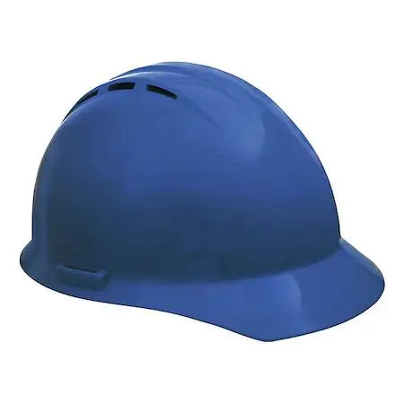 Blue Americana hard hat with front brim, polyethylene shell, four-point pinlock suspension, side slots and venting