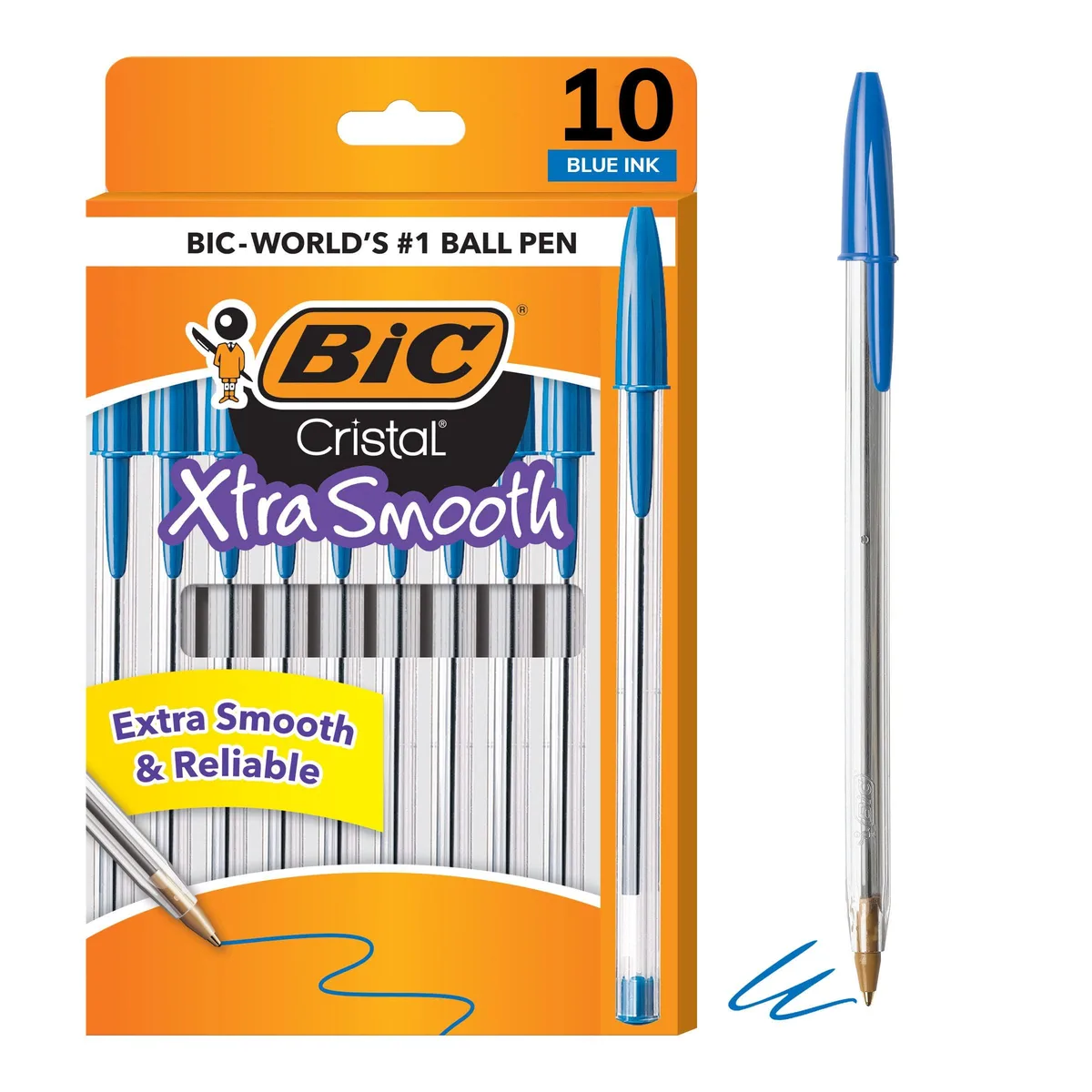 A clear plastic box holding ten blue ballpoint pens with white barrels and blue caps