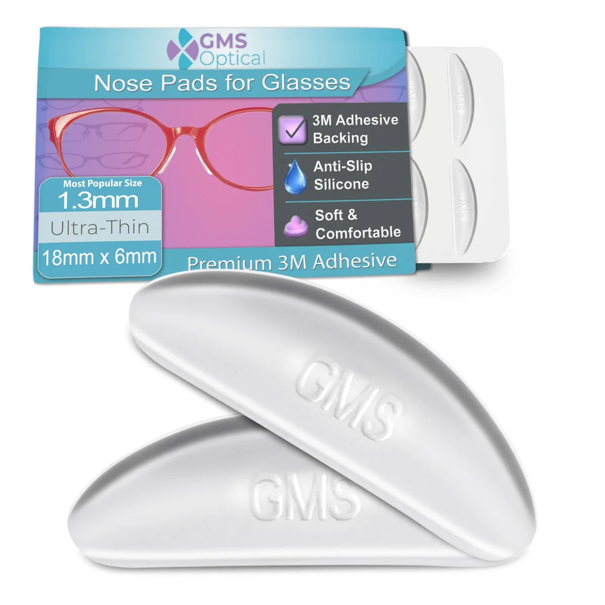  GMS Optical GMS23259 1.3mm 18mm adhesive silicone eyeglass frame nose pads 5 pairs — product photo