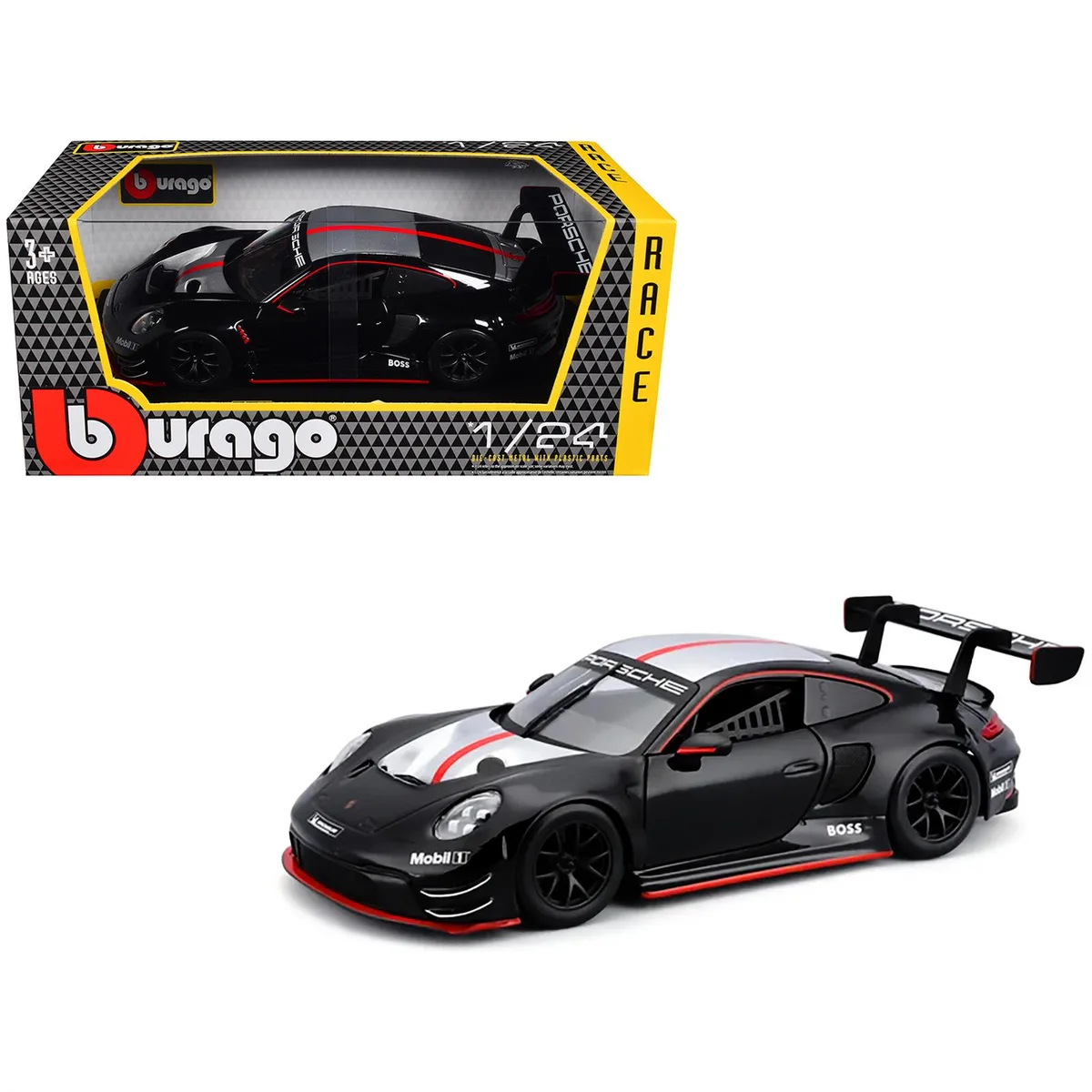 BBURAGO BBURAGO Porsche 911 GT3 R Black Silver Hood Top Red Stripe Race Series 1/24 Diecast Model Car — product photo