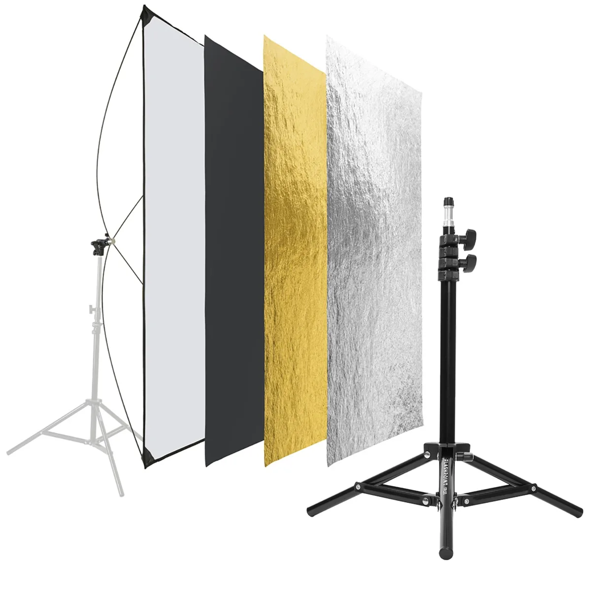 Large rectangular reflector panel kit with aluminum rods and stand bracket in carry bag