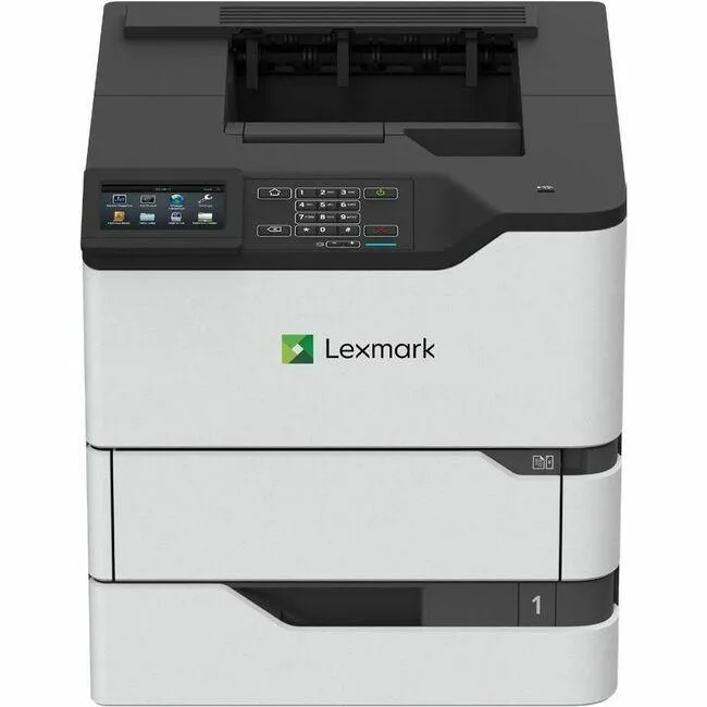 Grey rectangular desktop laser printer with 4.3 inch touchscreen and paper trays