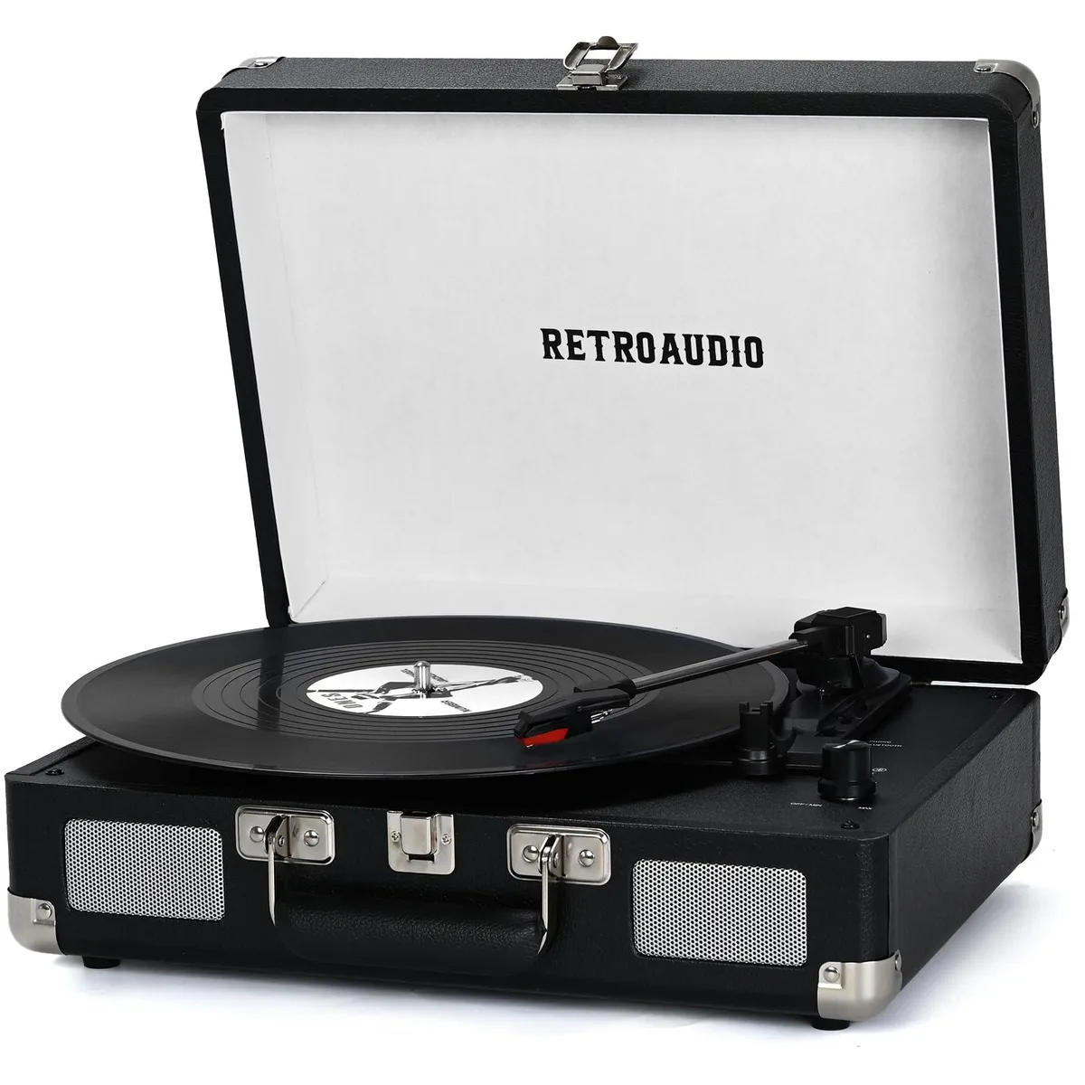 Black suitcase-style turntable with handle, built-in speakers and 33, 45, 78 RPM speeds