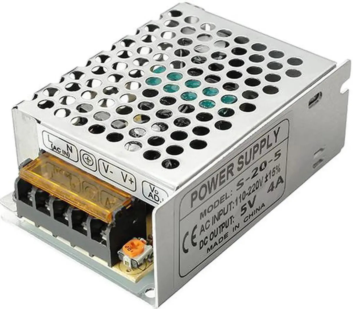 Compact metal power supply unit with aluminum base and terminal connections
