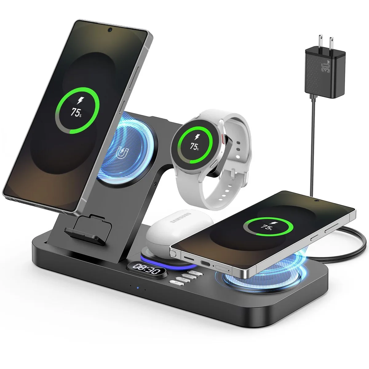 Rectangular white charging dock with three magnetic pads, digital clock display and coloured LED ring