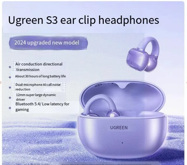 Purple ear-clip open headphones with USB-C charging case