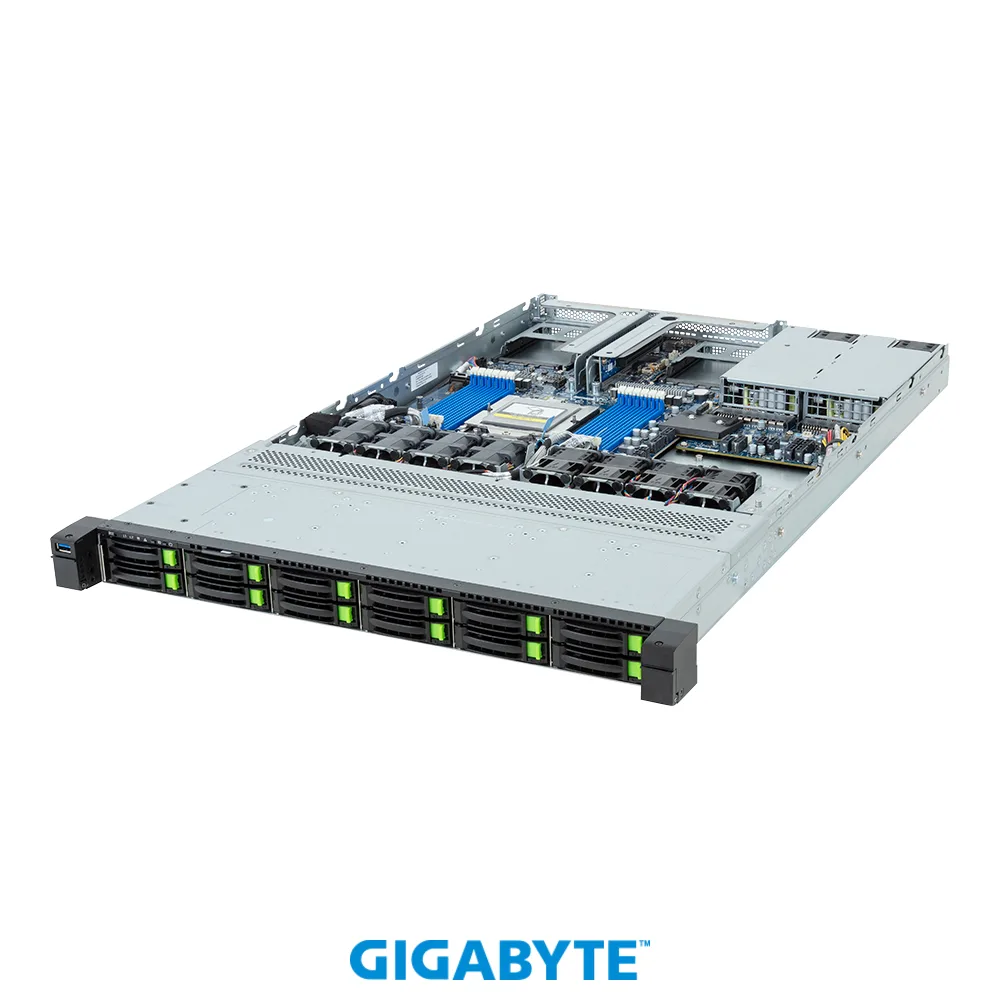 GIGABYTE GIGABYTE R163-Z35-AAC1 barebone server 1U 12-bay Gen5 NVMe/SATA/SAS-4 1300W Platinum — product photo