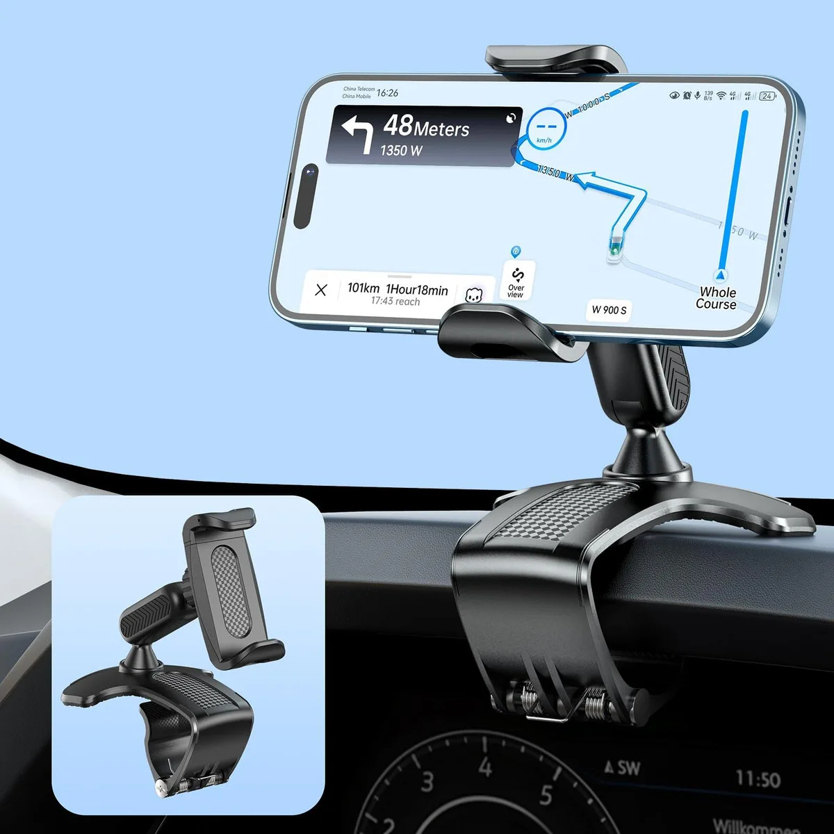 Black dashboard phone mount with 360-degree rotating clamp design