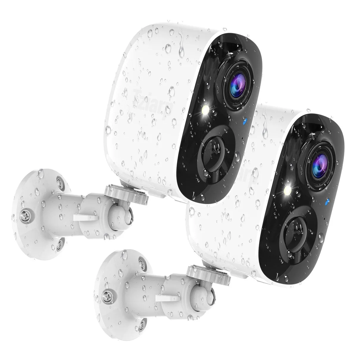 Two compact white wireless cameras with wall-mount brackets and screw kits