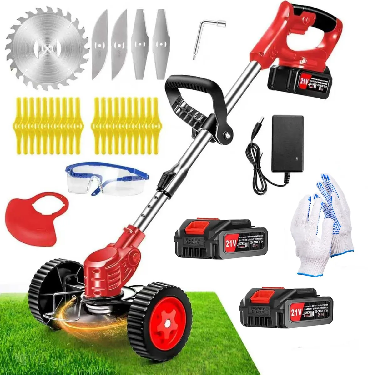 Cordless grass trimmer with wheels, adjustable head, two batteries and four blades