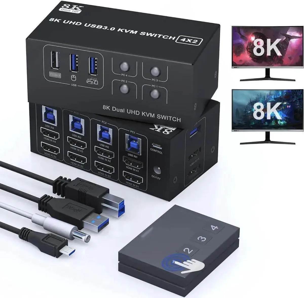 Vszerda Vszerda 4-Port Dual Monitor HDMI KVM Switch 8K@60Hz 4K@144Hz 3×USB 3.0 — product photo