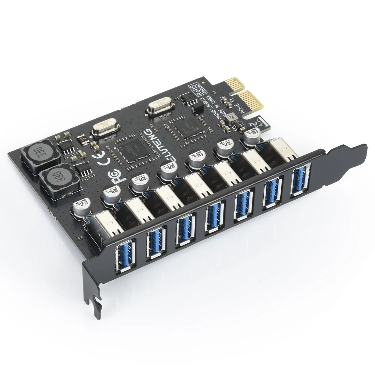 A green circuit board with seven blue USB ports and a gold PCIe connector