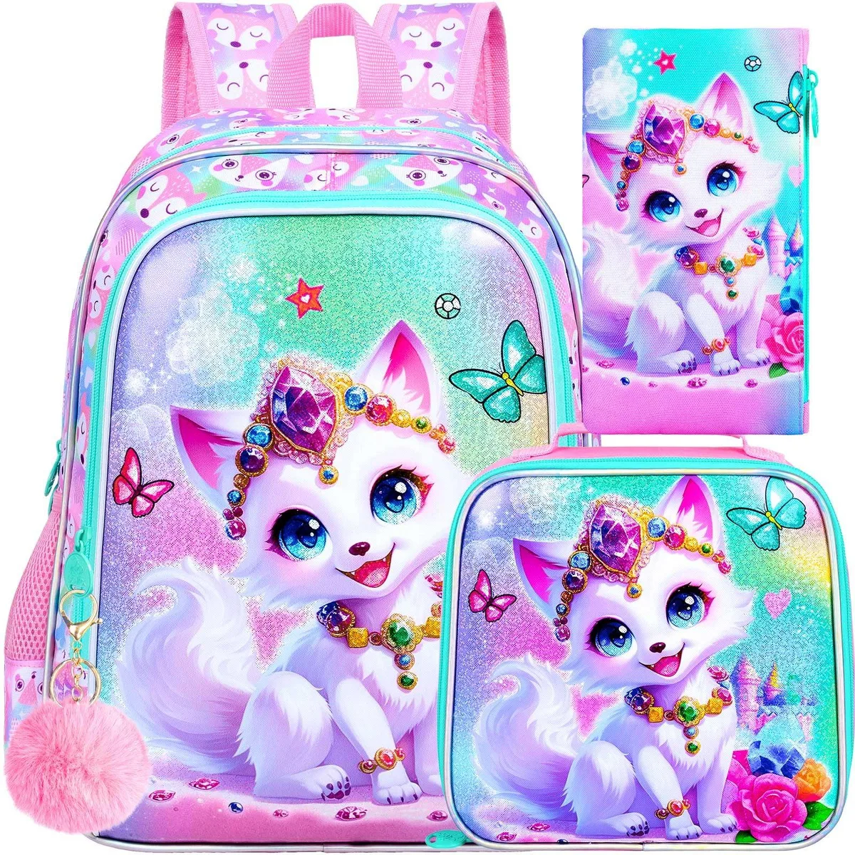 Pink polyester fox backpack 16x12x6.5in with matching lunch box and pencil pouch