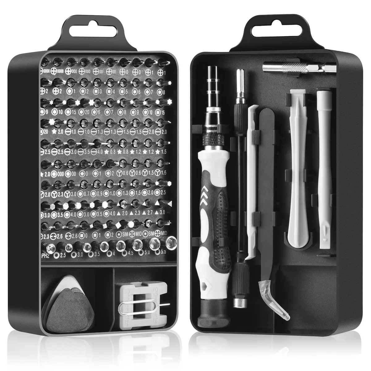 Compact case holding 115-piece magnetic precision screwdriver set with ergonomic handle and accessories