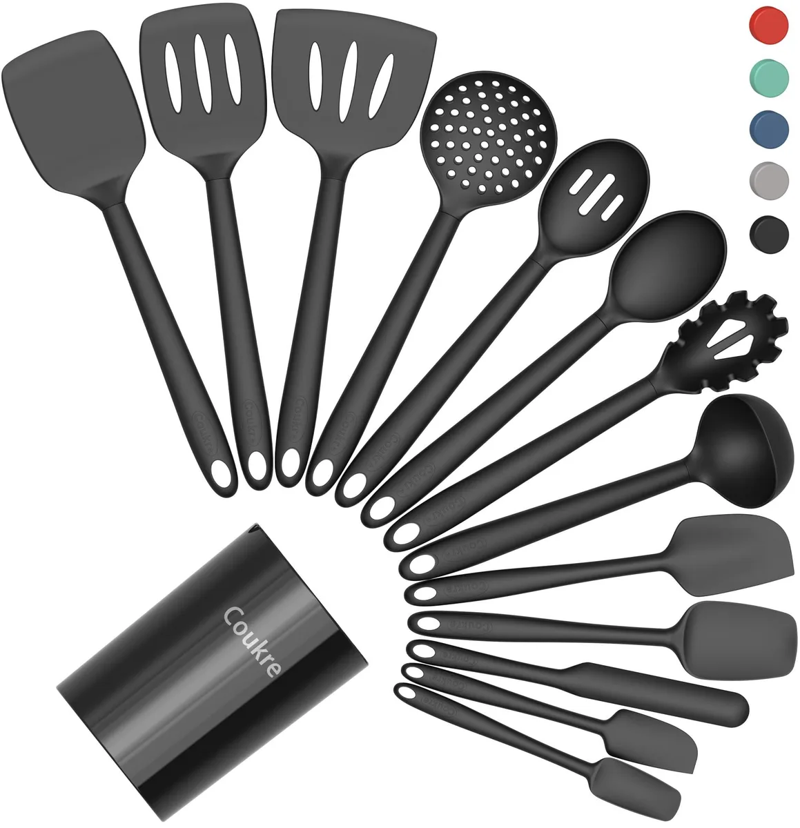 Fourteen silicone cooking tools in a holder, various heads and colours