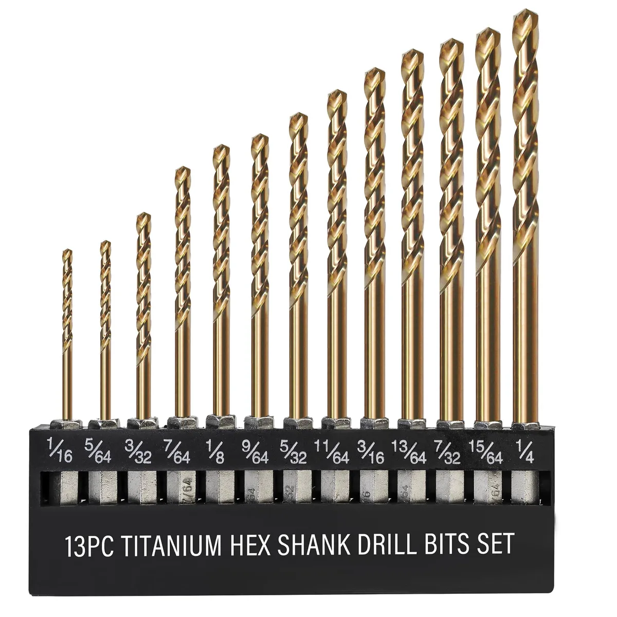Thirteen titanium-coated hex-shank drill bits in a storage case