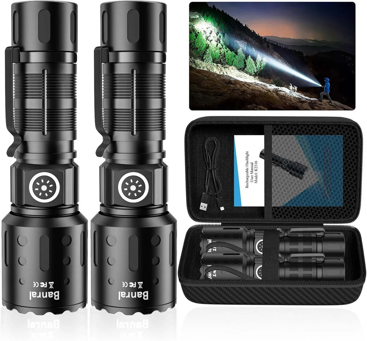 Black cylindrical flashlight with textured grip and Type-C port