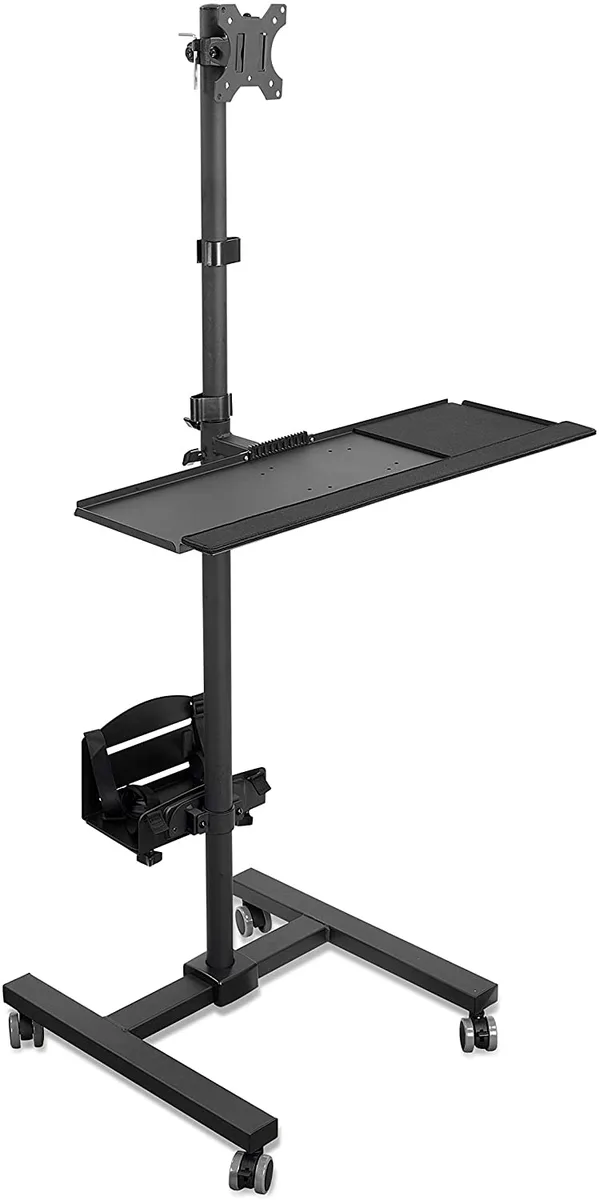 Black steel rolling computer cart with monitor arm, keyboard tray and CPU holder on locking casters