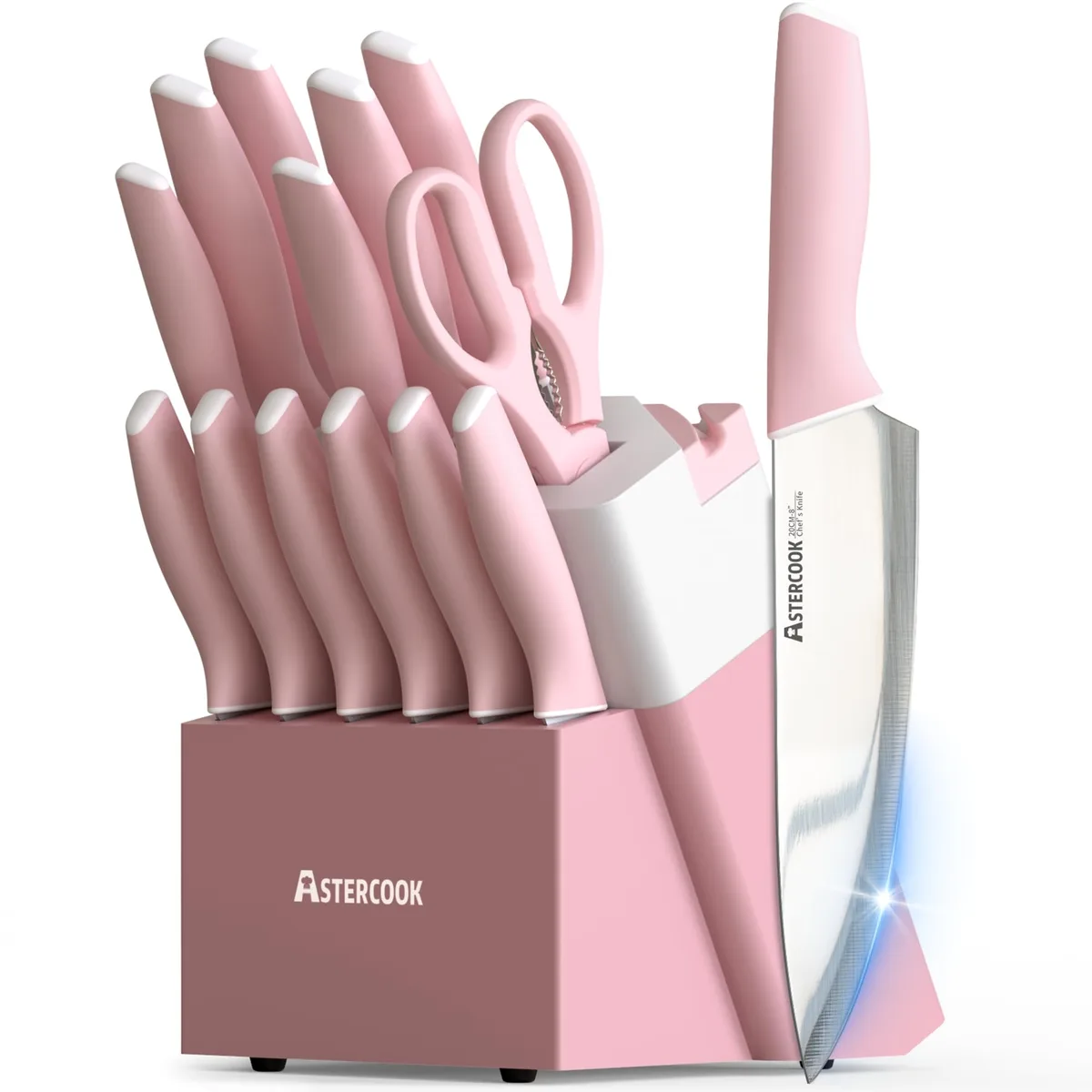 Crystal pink 15-piece knife set in block with built-in sharpener, stainless steel blades, polypropylene handles