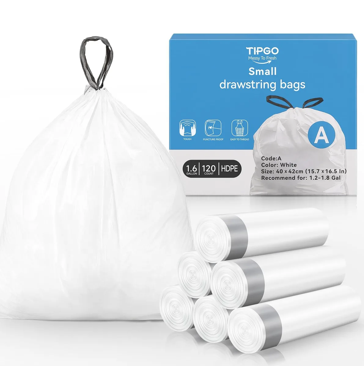 Clear drawstring trash bags on five rolls, 120 count