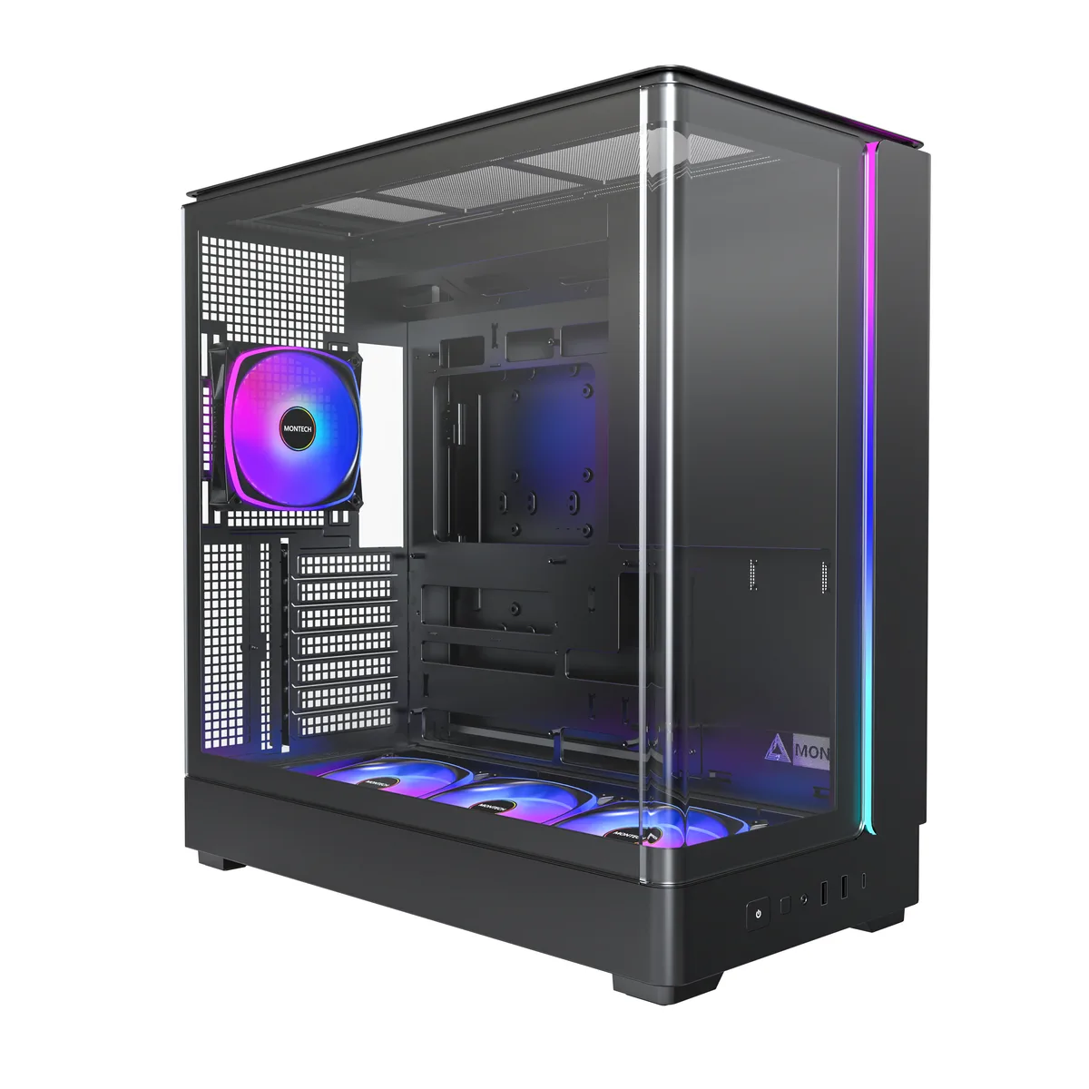 Black ATX full-tower case with curved panoramic glass front panel, dual-chamber layout, four pre-installed ARGB PWM fans