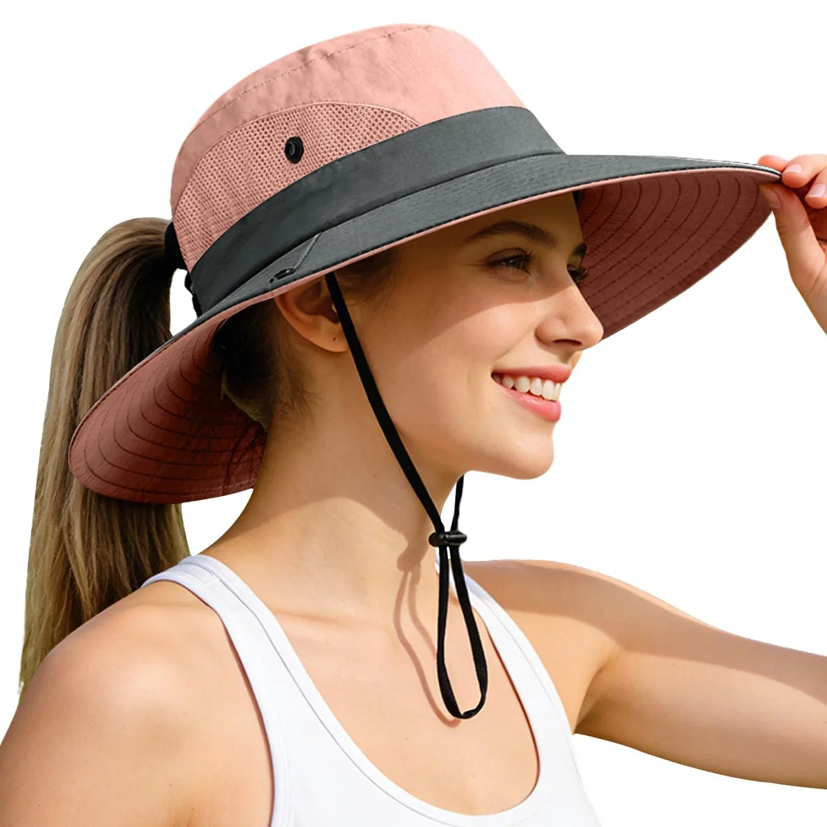 Black foldable bucket hat with ponytail hole and wide brim
