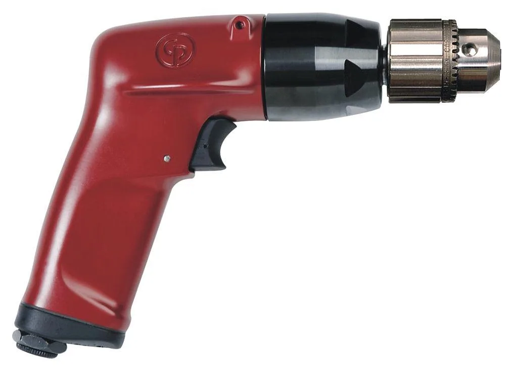 Silver aluminium pistol-grip air drill with 3/8 inch keyed chuck and trigger throttle