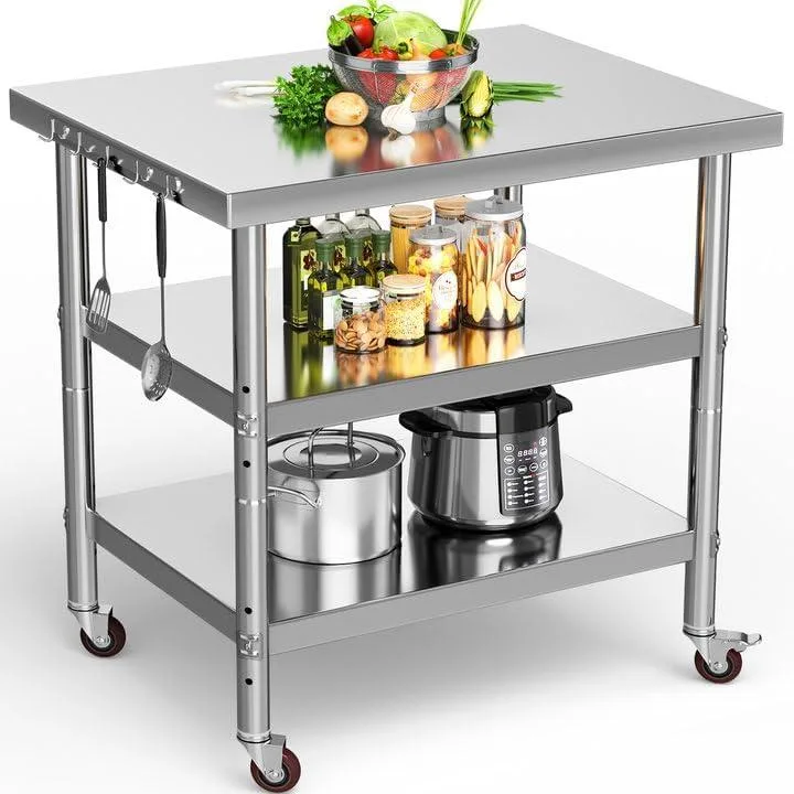 WUQ WUQ Stainless Steel Work Table 36" x 24" 3 Shelves Wheels — product photo