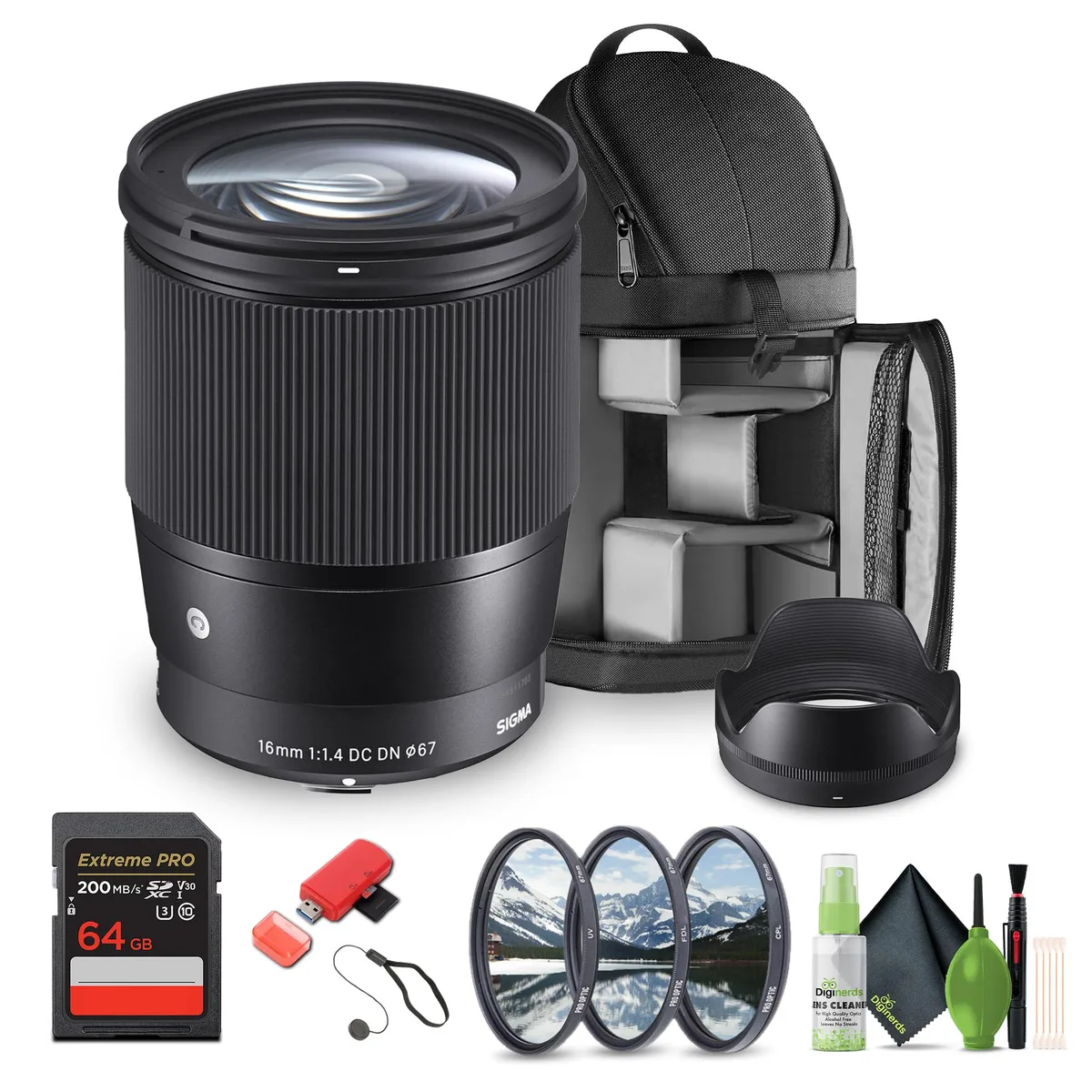 SIGMA SIGMA 16mm f/1.4 DC DN Contemporary Sony E camera lens bundle — product photo