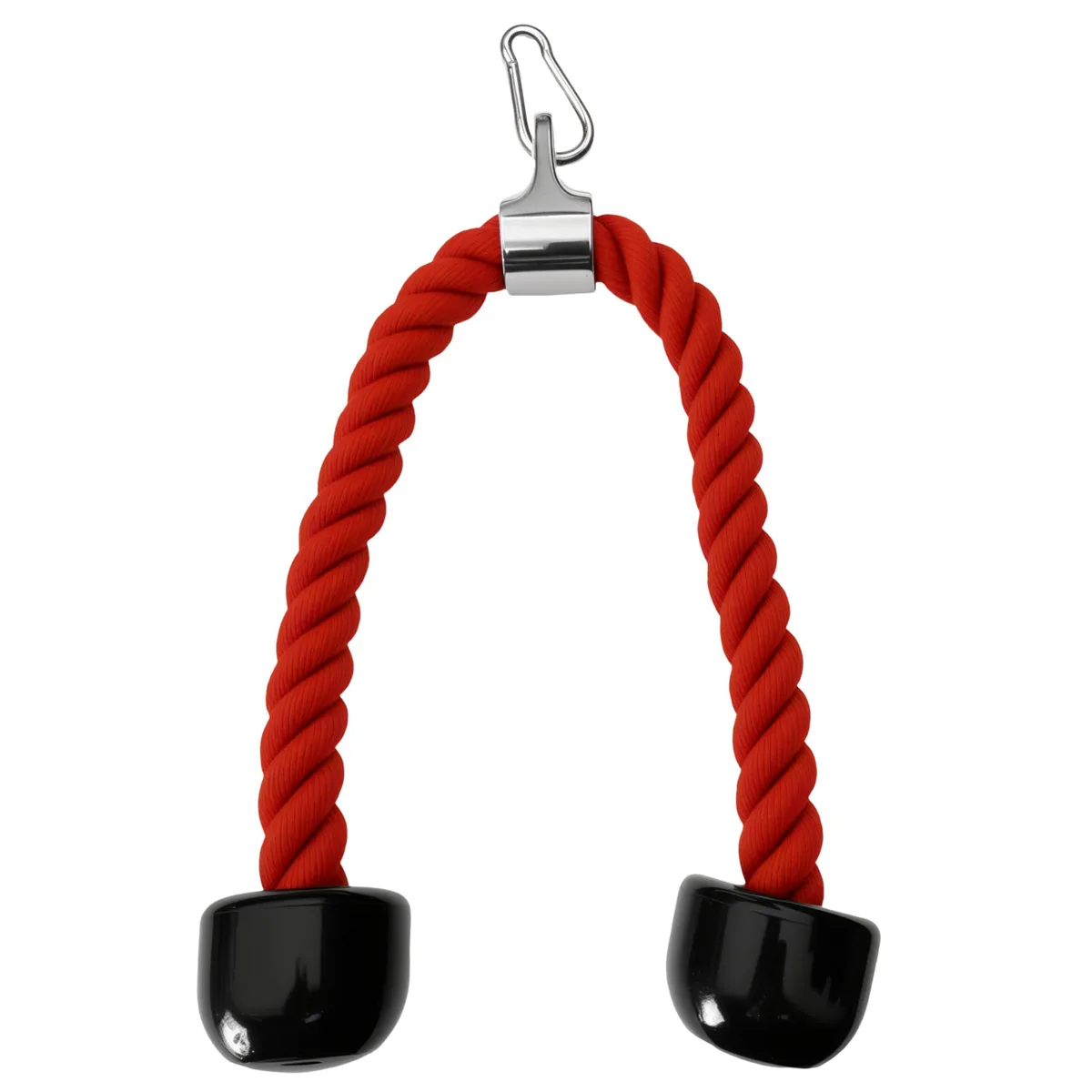 Red and black braided nylon tricep rope, 27 inch, large rubber handles, metal swivel clip