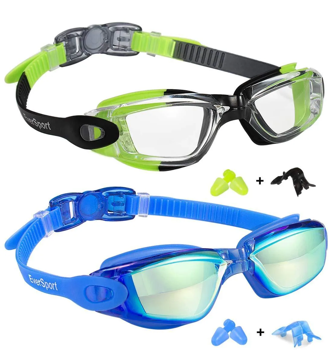 Two blue mirrored swim goggles in a pack