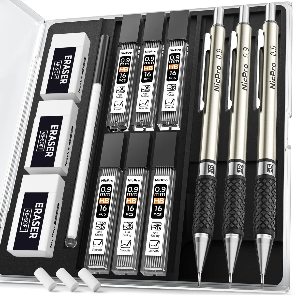 Three metallic mechanical pencils in a plastic storage case