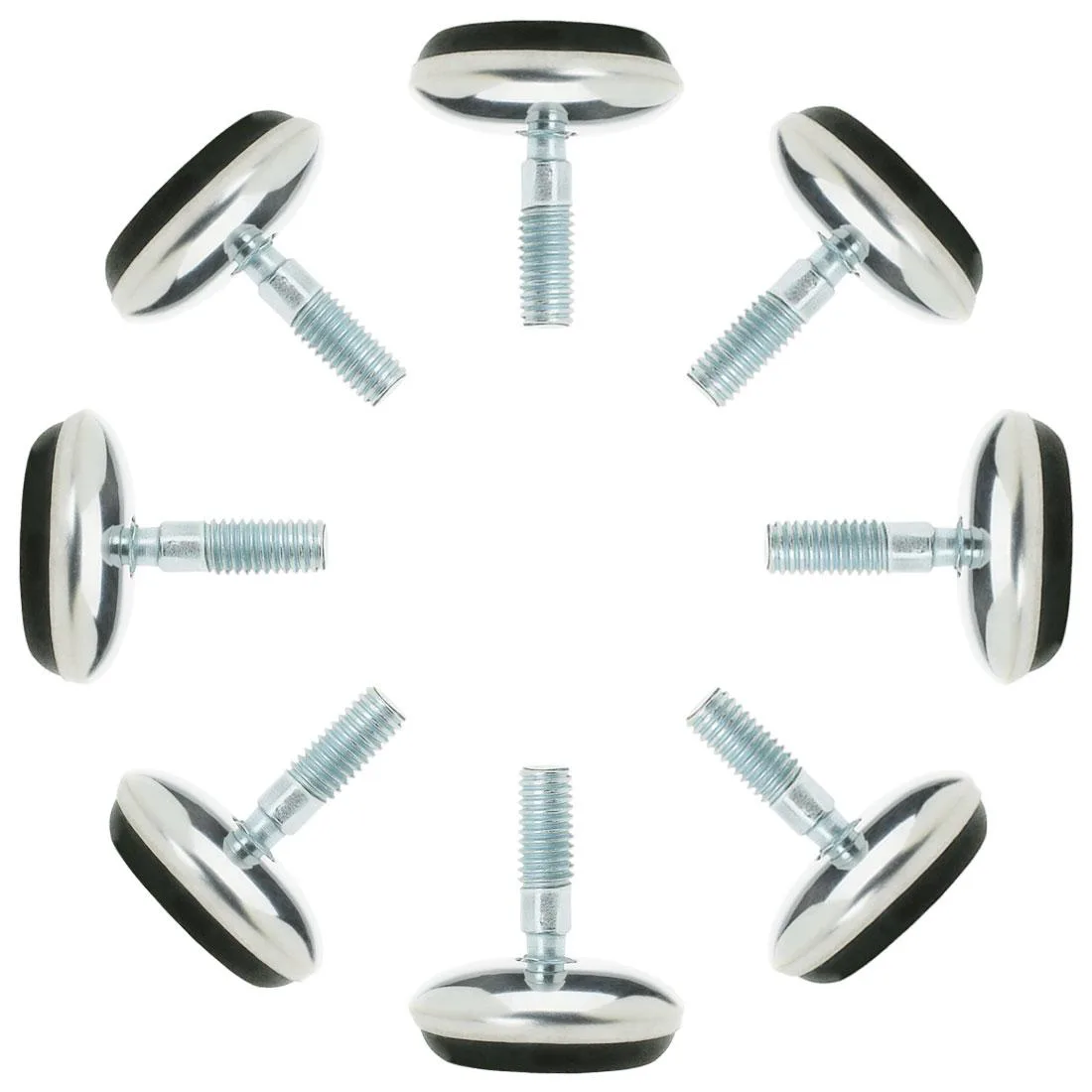 Eight silver threaded feet with black plastic bases