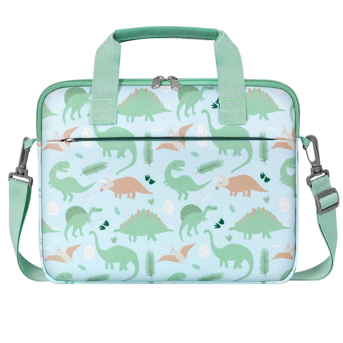 Green dinosaur print 12.5 inch tablet briefcase with handle and shoulder strap