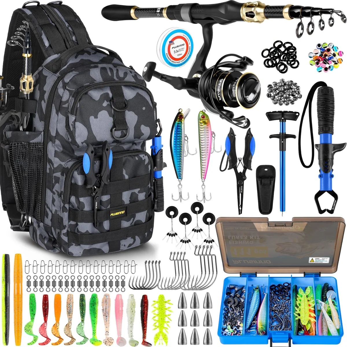 PLUSINNO fishing backpack combo with telescopic rod, reel, tackle box and tool kit