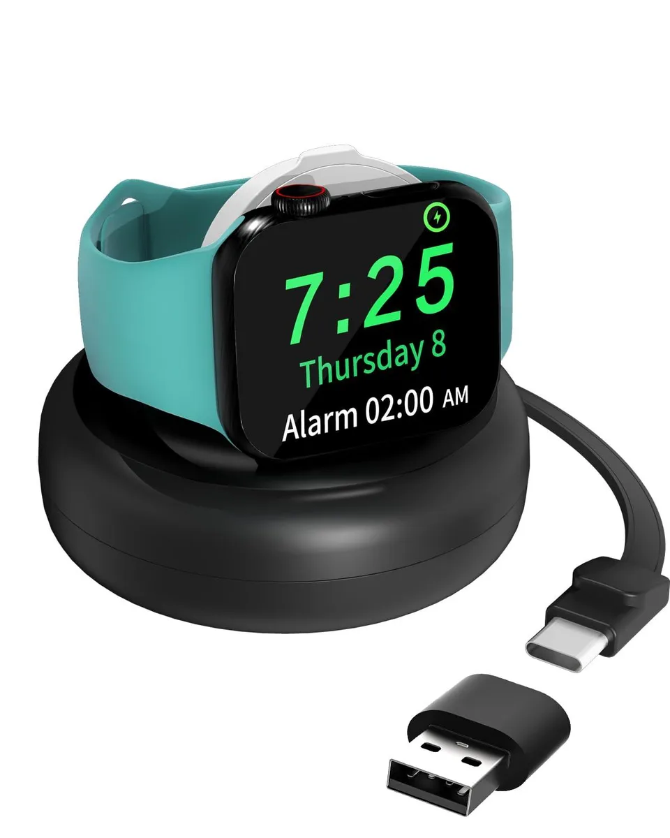 Compact black retractable USB-C Apple Watch charger with silicone cable and base, 80 cm extended length