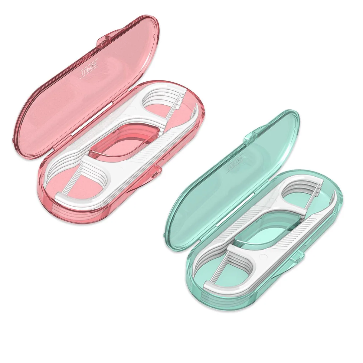 Two small rectangular cases holding twin-line floss picks side by side