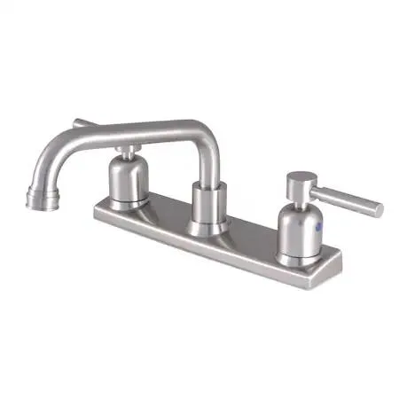 Brushed nickel centerset kitchen faucet with cylindrical spout and lever handles