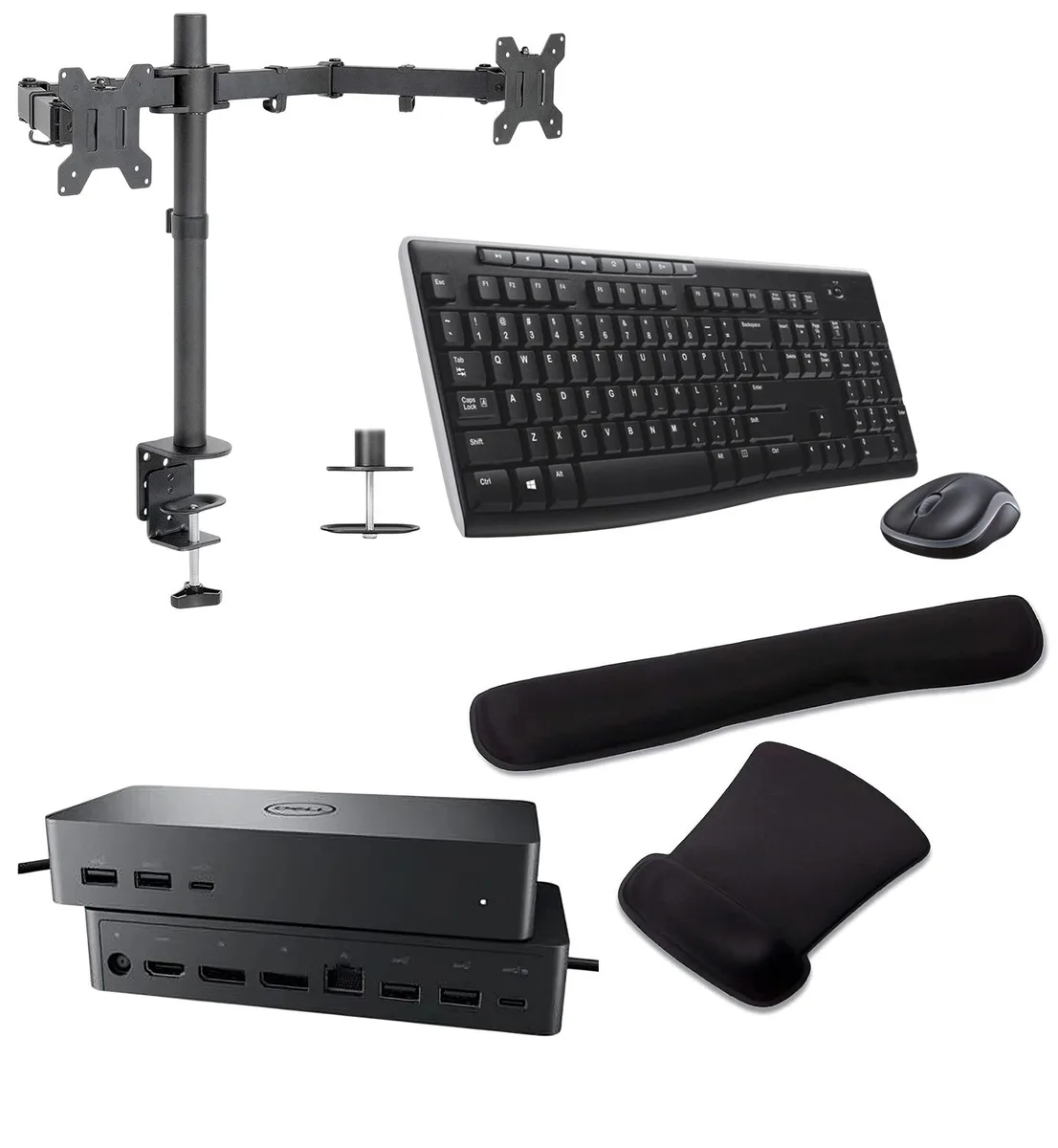 DELL DELL UD22 Universal Dock 96W Quad 4K Bundle with Dual Monitor Stand, MK270 Keyboard &amp; Mouse, Gel Wrist Rest — product photo