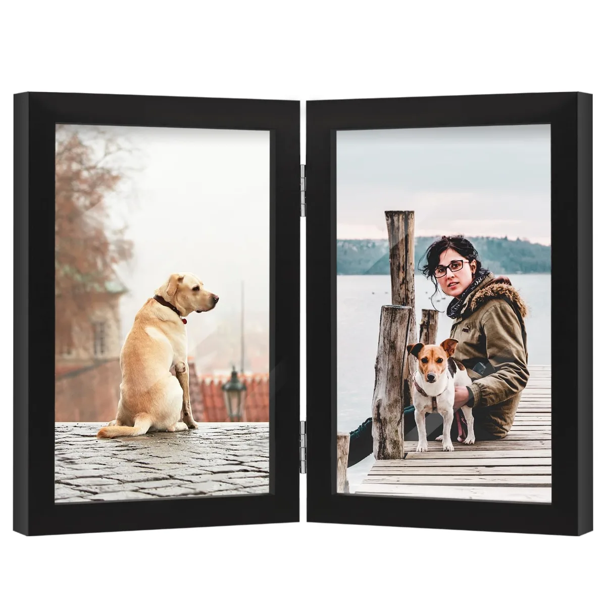 Black wooden hinged double frame for two 4x6 photos, tabletop display