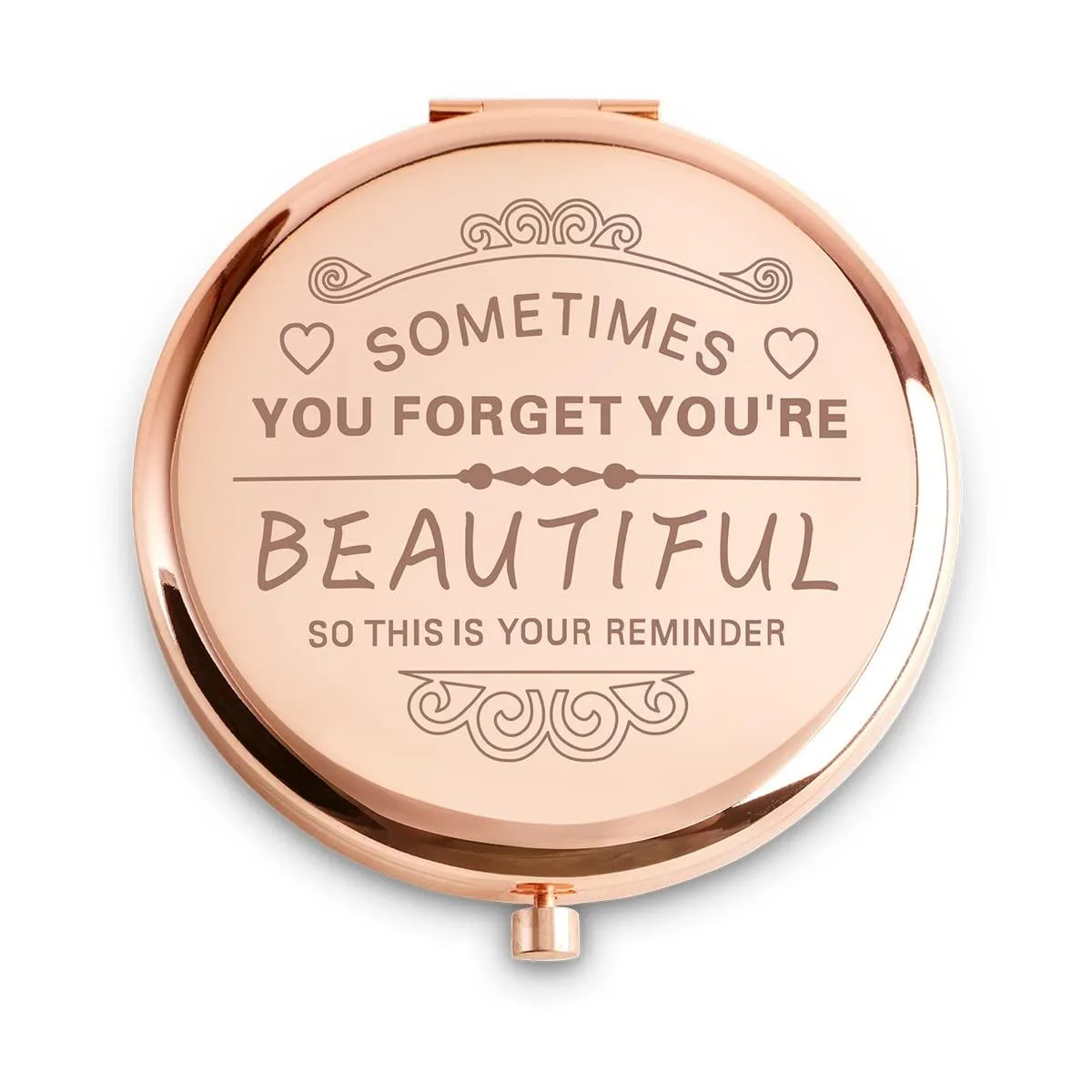 Round bronze metal compact mirror, 2.5 by 2.6 inches, double-sided magnification