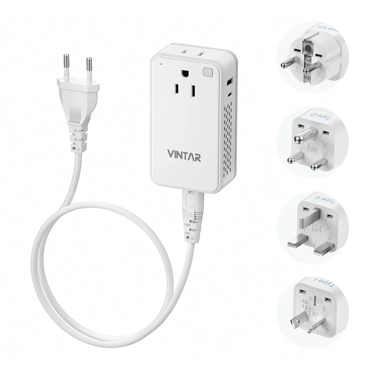 Compact white voltage converter with EU cable and interchangeable plugs