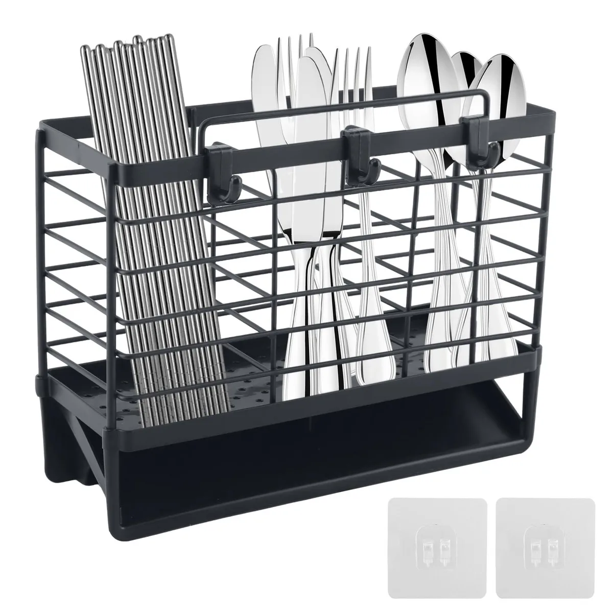 Charcoal grey carbon steel rack with three upright compartments, sloped drain tray and three small hooks