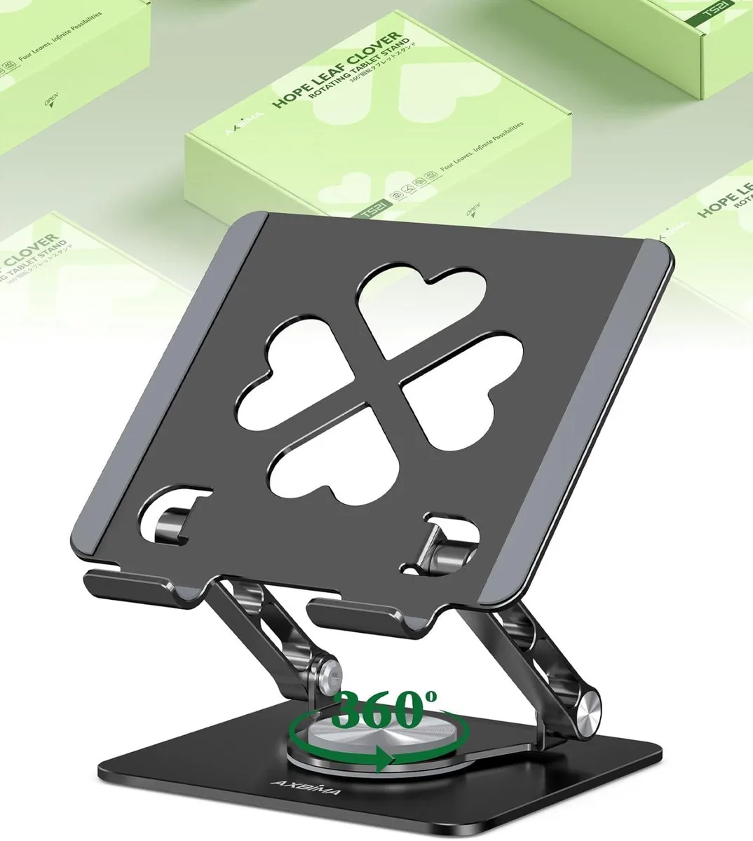 Black aluminum tablet stand with rotating base, adjustable arms, and open ventilated design