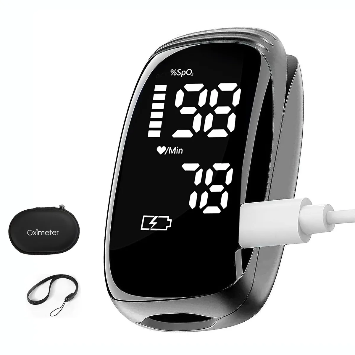 Black fingertip pulse oximeter with large LED display and Type-C charging port