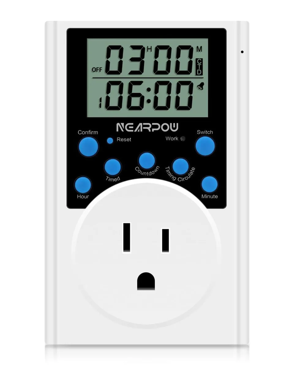White rectangular plug-in timer with large LCD screen and grounded three-prong outlet